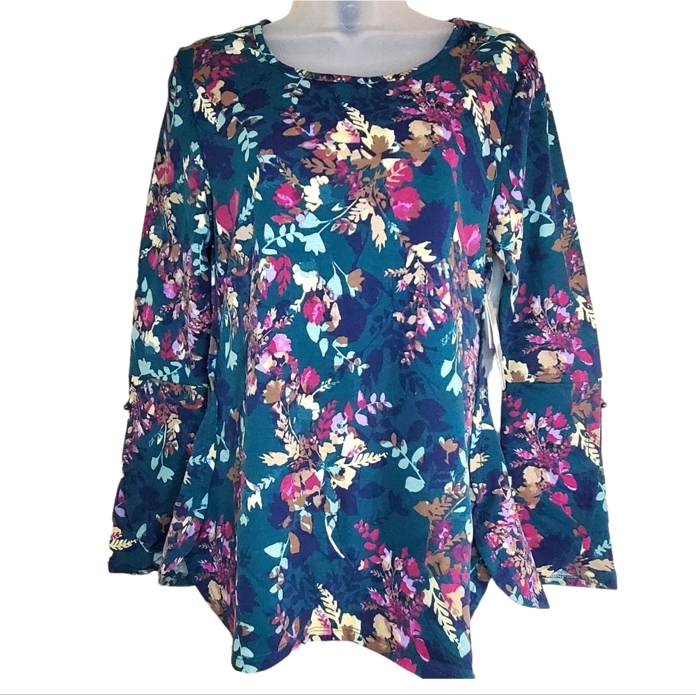 Crochet Floral Dark Green Long Sleeve Top Small
